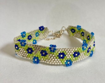 Beaded Cuff Bracelet in Silver with Blue Flowers in Peyote Stitch