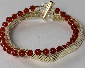 Hand Crafted, Handmade, Peyote Stitched, Bead Woven  and Carnelian Multi-Strand Bracelet