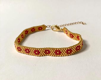 Beaded Cuff Bracelet in Gold with Red Flower Motif Seed Beads