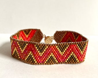 Peyote Stitch Cuff Bracelet in a Chevron Pattern in Red, Gold and Bronze