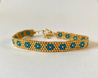 Cuff Bracelet in Peyote Stitch in Gold and Turquoise Miyuki Beads