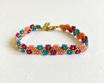 Peyote Stitch Bead Woven Bracelet with Flower Edging