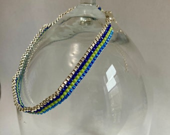 Beaded Peyote Stitch Cuff in a Blue, Silver, and Green Stripe