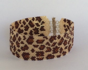 Leopard Print Beaded Cuff Bracelet: Peyote Woven, Sterling Silver Clasp