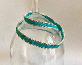 Turquoise Peyote Bracelet, Silver Bead Woven Wrap Cuff