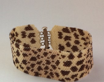 Handmade, Bead Woven in Peyote Stitch Cuff Bracelet in Original Design Cheetah Pattern