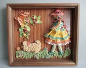 Girl Walking Poodle Dog Wall Hanging . 3d Flower Garden Diorama . Clay Sculpture in Shadowbox . Made In Poland . Little Girl Room Decor