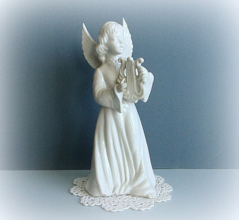 Angel Lover Gift Collectible Ceramic Angel Statue Christmas Decor Religious Decor 9.5 White Porcelain Dresden Angel with Harp Figurine