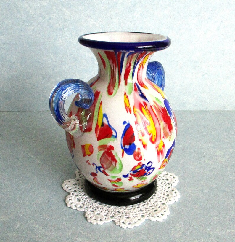 Vintage Bright Colorful Art Glass Vase With Double Handles . Etsy