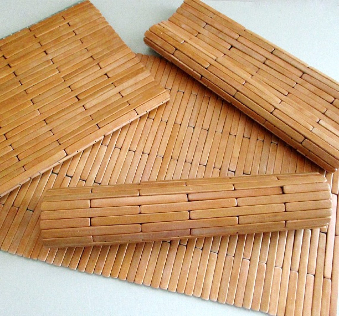Vintage Teak Wood Placemats . Set of 4 Natural Wooden Roll Up Etsy