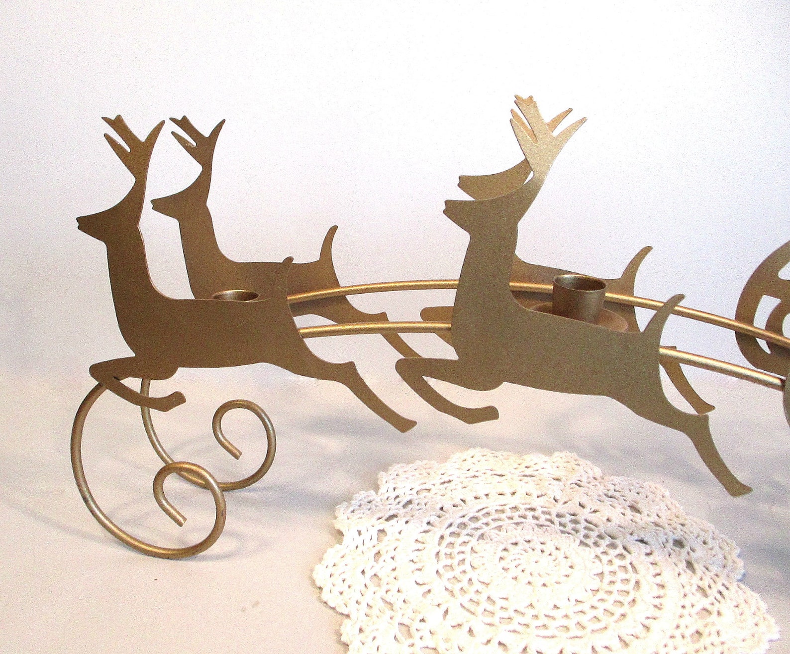 Vintage Christmas Santa Sleigh With Reindeer Candle Holder 3 Etsy