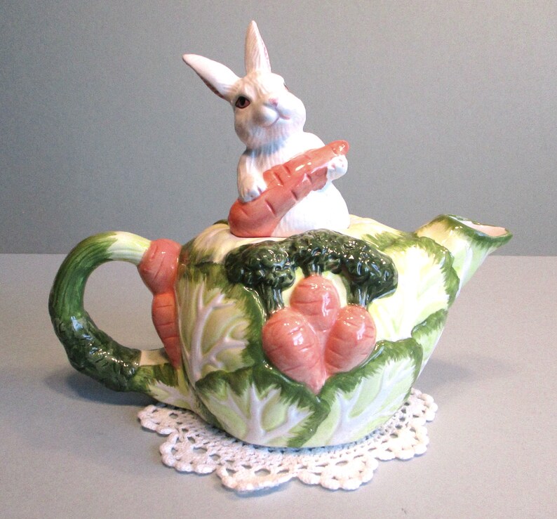 Whimsical Kitchen Decor White Bunny Rabbit Vegetable Garden Teapot w