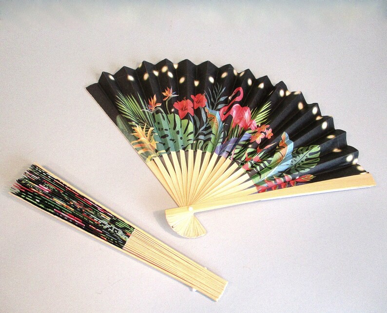 Hawaiian Luau Party Favors Sets of 3612 Summer Garden Party Decoration Tropical Flowers and Flamingo Folding Paper /& Wood Hand Fans