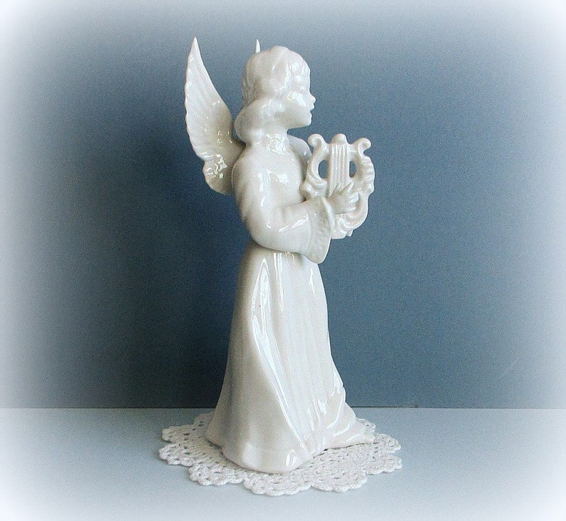 Angel Lover Gift Collectible Ceramic Angel Statue Christmas Decor Religious Decor 9.5 White Porcelain Dresden Angel with Harp Figurine