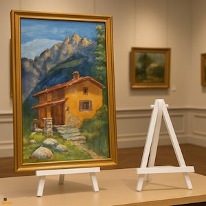 Op de afbeelding: Een ingelijst schilderij van een geel huis in een berglandschap, tentoongesteld op een kleine witte ezel. Het schilderij heeft een gouden lijst en toont een huis met een rood dak, tegen een achtergrond van bergen en blauwe lucht. Een andere witte ezel staat ernaast.