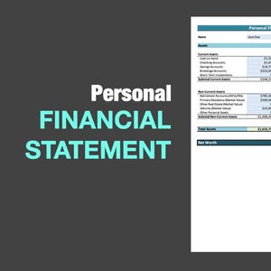 Puede incluir: Una declaración financiera personal con un diseño turquesa y blanco. El documento incluye secciones para activos, pasivos y patrimonio neto. Las palabras "Personal Financial Statement" están en la parte superior. El texto "Personal FINANCIAL STATEMENT" está a la izquierda.