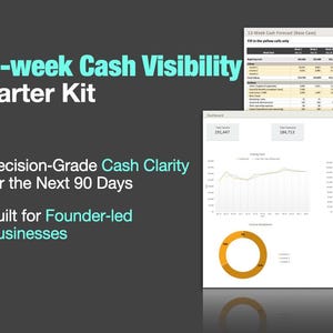 May include: A dark gray graphic with the text "13-week Cash Visibility Starter Kit." The image includes charts and graphs for financial analysis, with the text "Decision-Grade Cash Clarity for the Next 90 Days" and "Built for Founder-led Businesses."