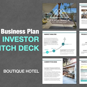 Op de afbeelding: Een businessplan-investeringspitchdeck voor een boetiekhotel genaamd Miracle Manor. Het deck bevat secties voor marktanalyse, concurrentievoordeel, productaanbod, ervaring en financiële samenvatting.