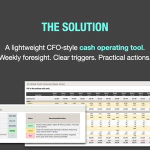 May include: A digital financial dashboard with the text "THE SOLUTION" in teal. The dashboard displays financial data, including a 13-week cash forecast, with the text "A lightweight CFO-style cash operating tool."