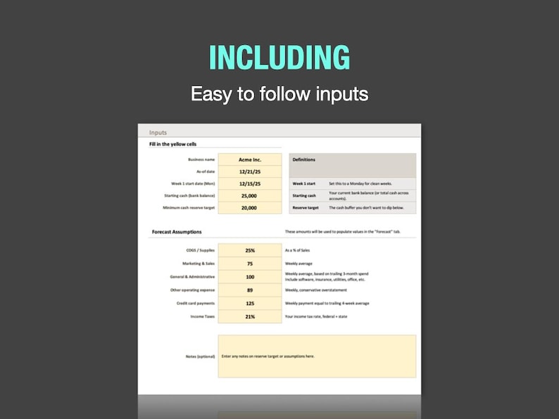 May include: A business document titled "Inputs" with the text "Including Easy to follow inputs." The document includes fields for business name, dates, and financial data. The document is on a white background.