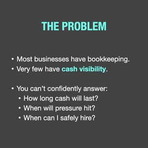 May include: A dark gray graphic with the title "THE PROBLEM" in teal. Bullet points detail business challenges: lack of cash visibility, inability to answer questions about cash flow, and hiring decisions.