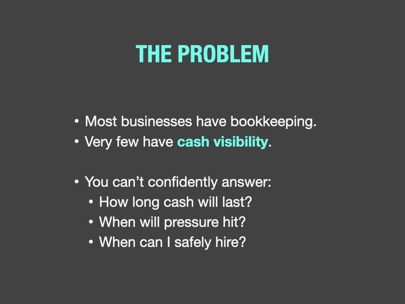 May include: A dark gray graphic with the title "THE PROBLEM" in teal. Bullet points detail business challenges: lack of cash visibility, inability to answer questions about cash flow, and hiring decisions.