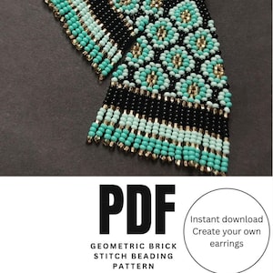 May include: Handmade beaded earrings with a geometric design. The earrings feature a pattern of turquoise and gold beads on a black background. The earrings are triangular in shape and have a fringe at the bottom. The image also includes text that says "PDF".
