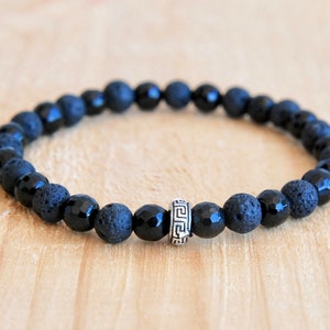 Men&#39;s Beaded Bracelet, Lava stones, Black hematite, Stretch Bracelet, Sterling Silver Ring, Gift Bracelet for Unisex,