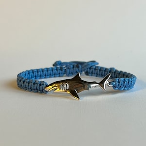 Sterling Silver Shark Bracelet: Blue Macrame Cord, Unisex Jewelry