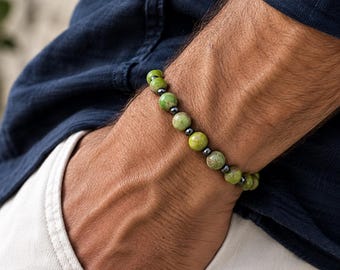 Variscite Beaded Bracelet, Hematite beads, Stretch Jewelry, Gift for Men