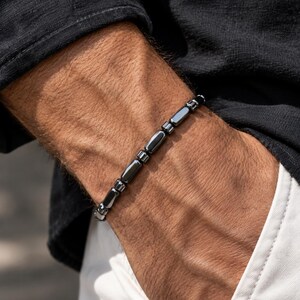 Black Hematite Beaded Bracelet for Men: Minimalist Stretch Jewelry