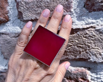 Big Square Red Ruby Ring, Ruby Gemstone Ring, Unique Design