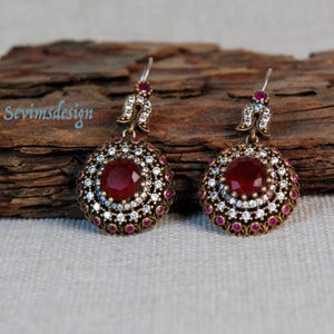 Red Ruby Authentic Earrings, Bronze and Silver