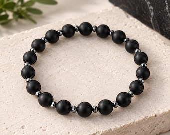 Onyx Beaded Bracelet, Hematite beads, Stretch Jewelry, Gift for Men
