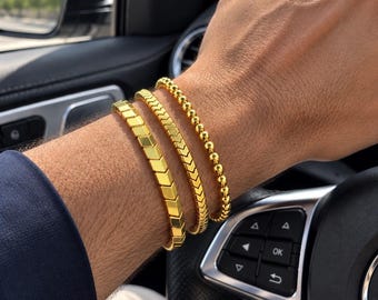 Gold Hematite Beaded Bracelet : Minimalist Stretch Jewelry