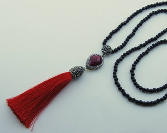 Pink Ruby Gemstone, Silk Tassel, Sterling Silver, Swarovski Cyrstal, Black Onyx Gemstone, Long Necklace Christmas gift