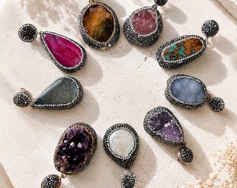 Drusy Gemstone Pendant: 925 Sterling Silver  Rope Necklace