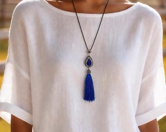 Lapis Gemstone Druzy Pendant: Silk Tassel Rope Necklace