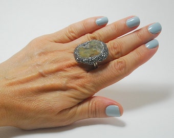 Druzy Chrysoprase Gemstone Ring, Swarovski Crystal Rings, Sterling Silver Adjustable Sparkly Drusy Ring, Valentine's Day for her, BFF