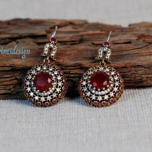 Red Ruby Authentic Earrings, Bronze and Silver, Zirconia Stone