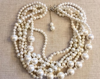 Multistrand Statement Necklace, Bridal Necklace, Large pearl Statement, Bride Wedding Jewelry, Choker White Jewellery