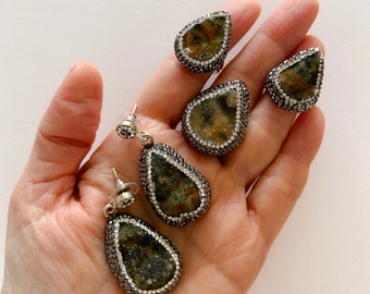 Druzy Earrings and Ring , Green Druzy Jewelry, 925 Sterling Silver