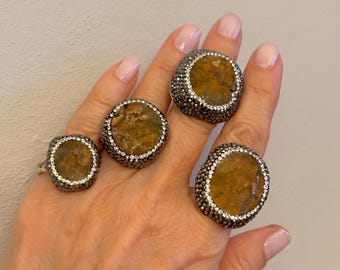 Adjustable Druzy Brown Gemstone Ring: Swarovski Crystal Sterling Silver