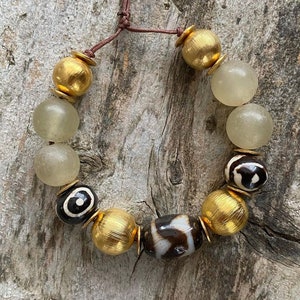 Golden Globe Chunky Bracelet, African Beads, Jade Gemstone