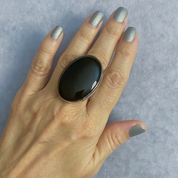 Grote Onyx Sterling zilveren ring, natuurlijke Onyx ring, zwarte Onyx ring, ovale onyx ring, onyx ring, edelsteen ring, Boho ring