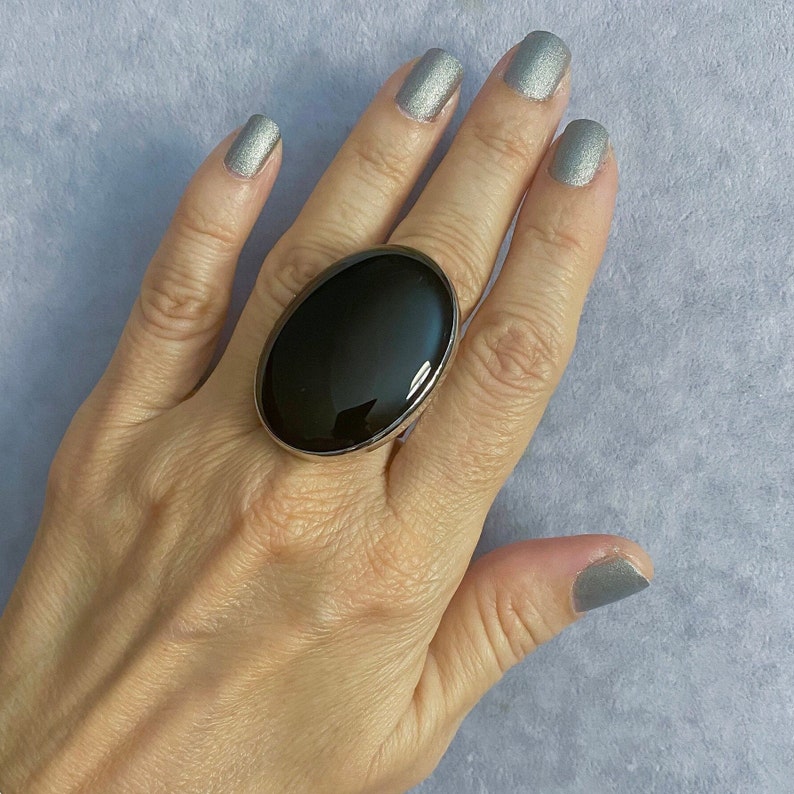 Large Onyx Sterling Silver Ring, Natural Onyx Ring, Black Onyx Ring, Oval Onyx Ring, Onyx Ring, Gemstone Ring, Boho Ring M size vertical