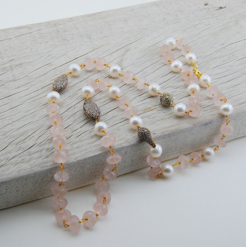 Pale pink Semi Precious pearl necklace Pink quartz necklace pink boho necklace Elegant Necklace Pearl Baby Shower jewelry