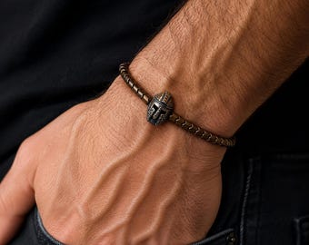 Viking Fighter Mask Men Bracelet, Sterling Silver, Hematite Beaded