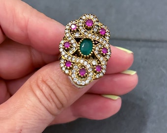 Robijn edelsteen, smaragd edelsteen Ottomaanse stijl ring