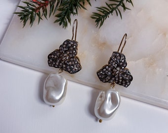 Pave Diamond Baroque Pearl Earrings, Sterling Silver 925